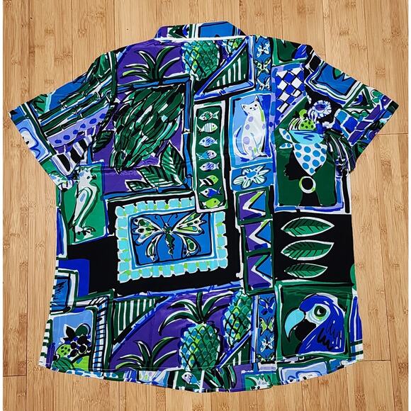 Bob Mackie Wearable Art Silk Shirt Green Blue Cat Parrot Monkey Print 1X PLUS - Picture 6 of 11